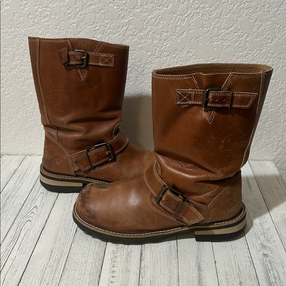John Fluevog Discontinued Baby Ruth Distressed Buckle Pull on Brown Boots.